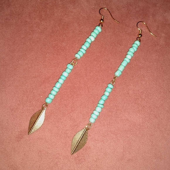 Long Handmade Beaded Dangle Earrings Gold Turquoise Beads Leaf Feather Charms